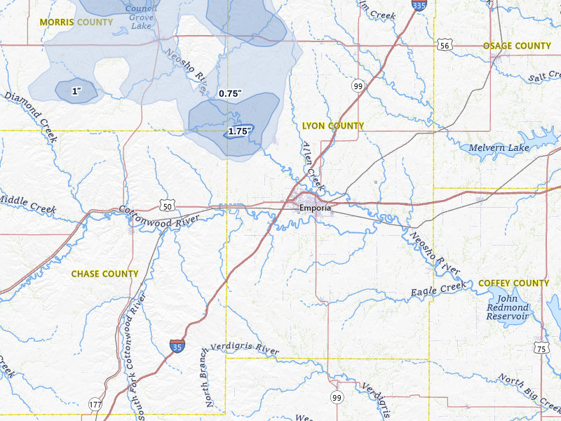 NEXRAD radar-signature map of the hail storm over Emporia, KS on Jul 3, 2026