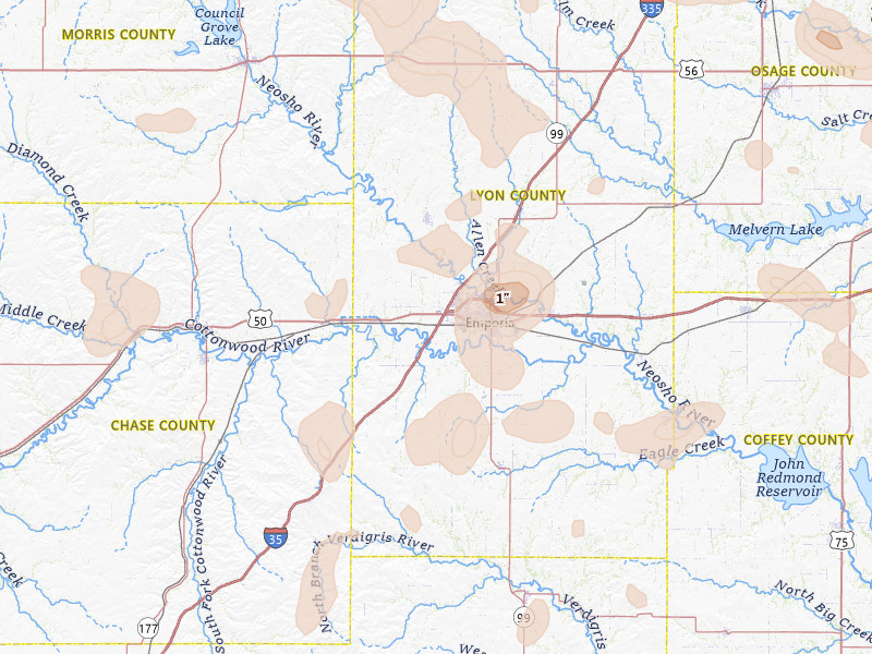 Radar-estimated hail-size map of the storm over Emporia, KS on Jul 4, 2026