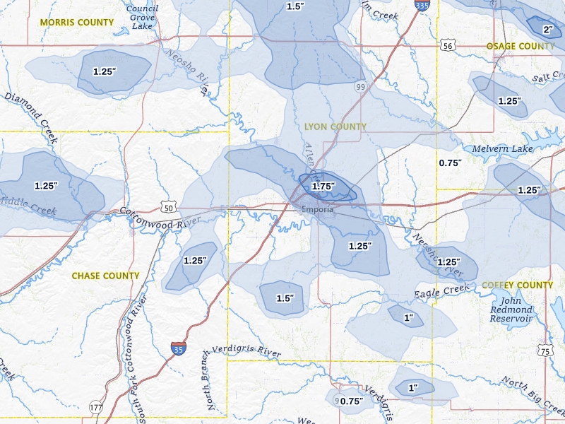 NEXRAD radar-signature map of the hail over Emporia, KS