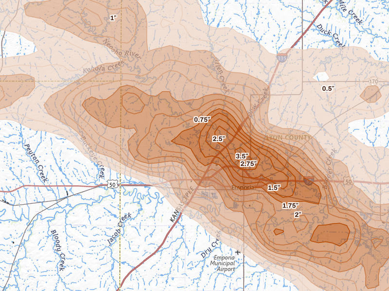 Radar-estimated hail-size map of the storm over Emporia, KS on Aug 5, 2026