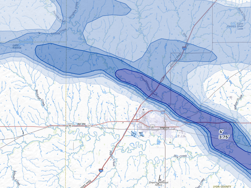 NEXRAD radar-signature map of the hail storm over Emporia, KS on Aug 5, 2026