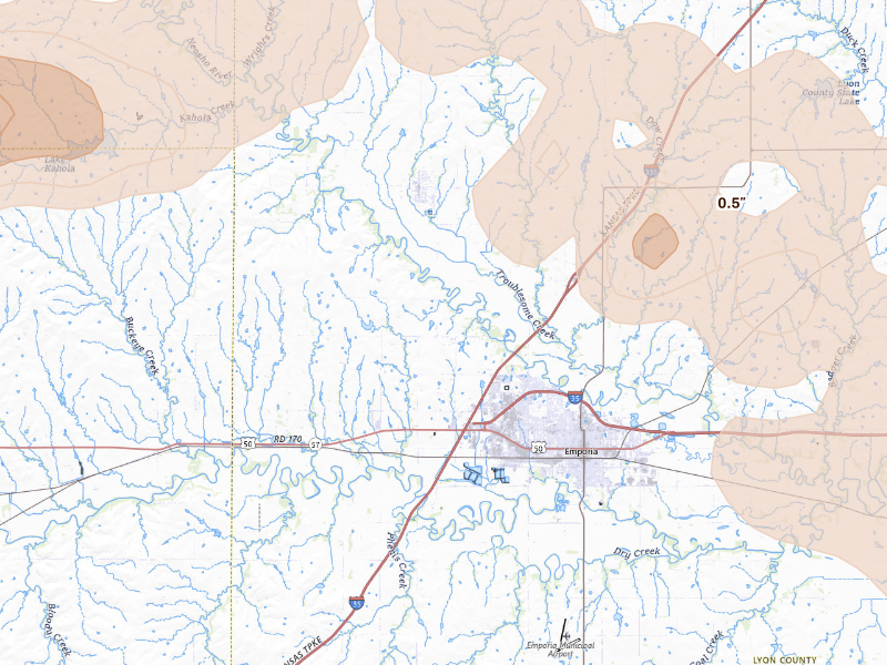 Radar-estimated hail-size map of the storm over Emporia, KS