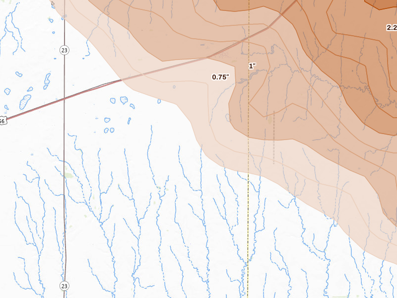 Radar-estimated hail-size map of the storm over Ensign, KS on Jun 20, 2026