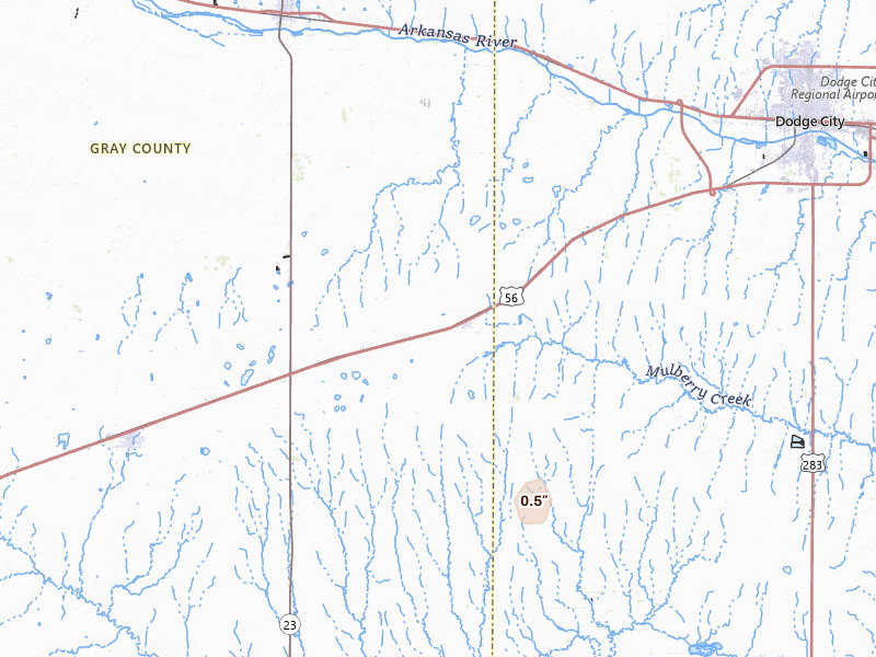 Radar-estimated hail-size map of the storm over Ensign, KS on Jul 10, 2026