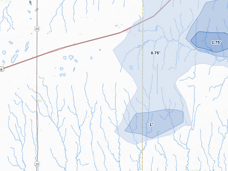 NEXRAD radar-signature map of the hail storm over Ensign, KS on Jul 23, 2026