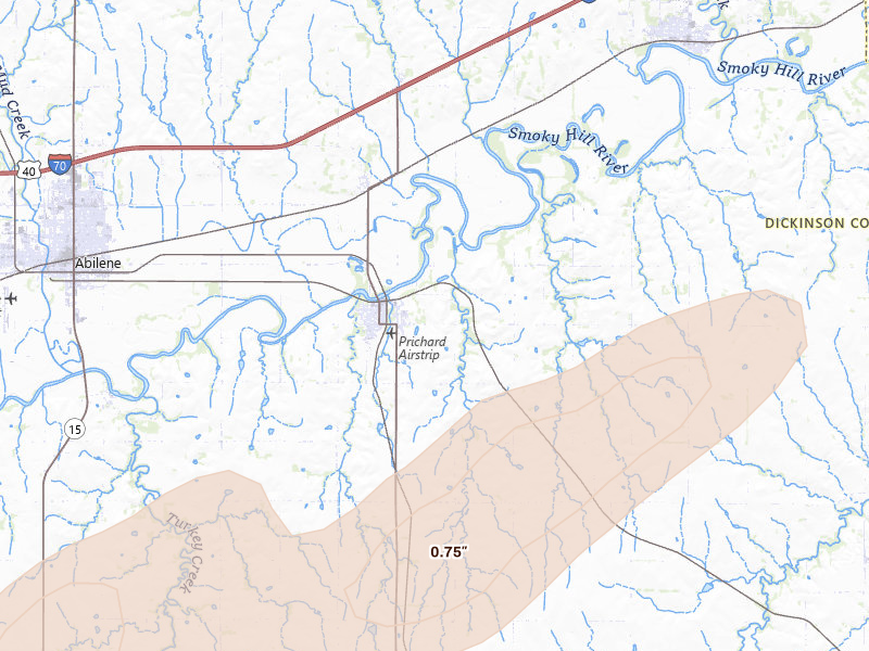 Radar-estimated hail-size map of the storm over Enterprise, KS on Apr 23, 2026