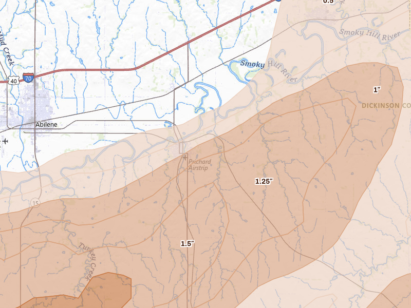 Radar-estimated hail-size map of the storm over Enterprise, KS on Apr 26, 2026