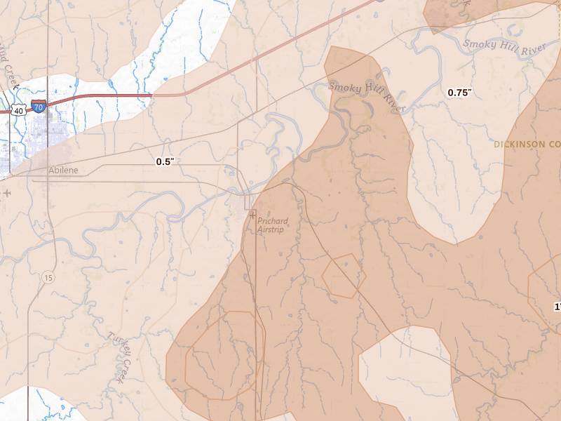 Radar-estimated hail-size map of the storm over Enterprise, KS on May 18, 2026