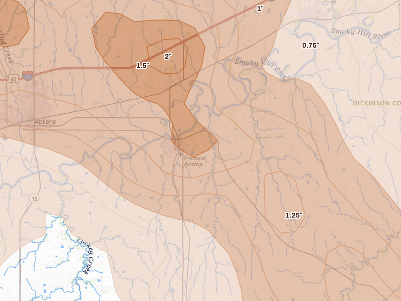 Radar-estimated hail-size map of the storm over Enterprise, KS on Jun 10, 2026