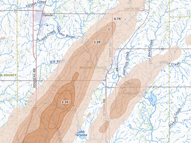 Radar-estimated hail-size map of the storm over Erie, KS