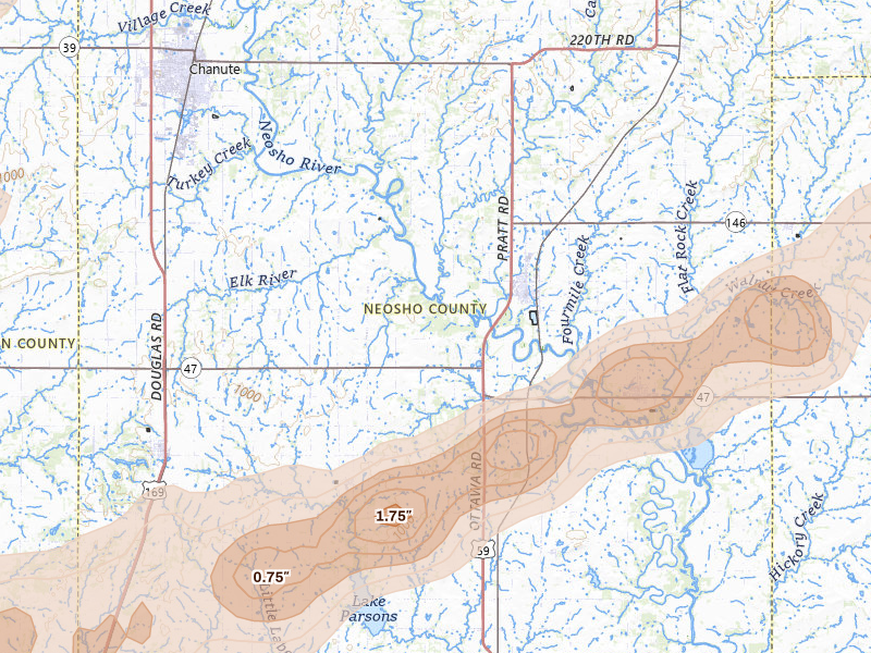 Radar-estimated hail-size map of the storm over Erie, KS on Apr 17, 2026