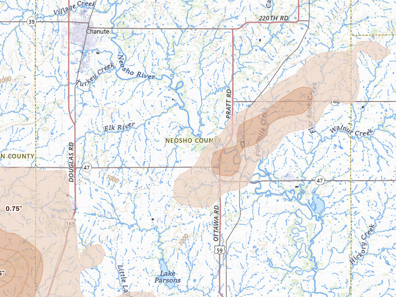Radar-estimated hail-size map of the storm over Erie, KS on Apr 26, 2026