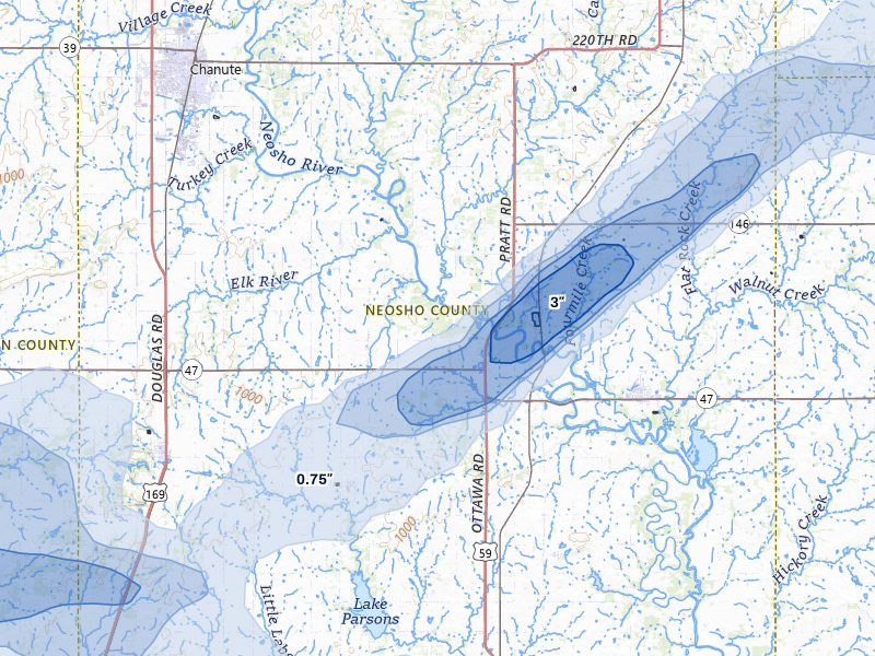 NEXRAD radar-signature map of the hail over Erie, KS