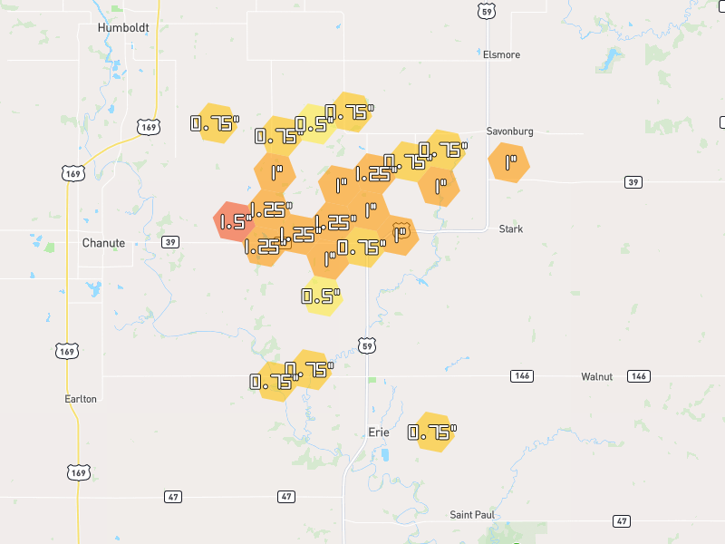 Hail map of Erie, KS on Jun 1, 2026, hail up to 1.5"