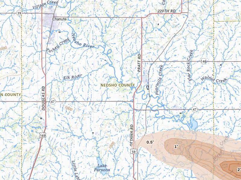 Radar-estimated hail-size map of the storm over Erie, KS on Jun 25, 2026