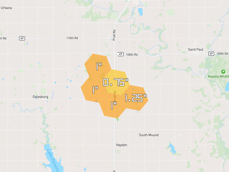 Hail map of Erie, KS on Jun 26, 2026, hail up to 1.25"