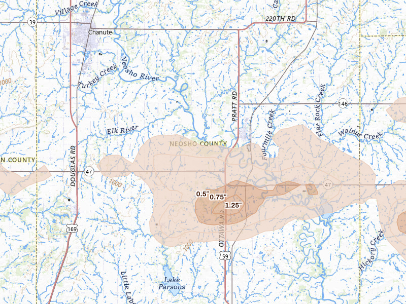Radar-estimated hail-size map of the storm over Erie, KS on Jul 10, 2026