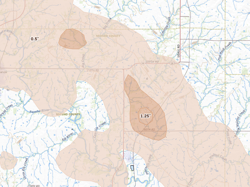 Radar-estimated hail-size map of the storm over Erie, KS