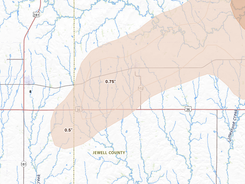 Radar-estimated hail-size map of the storm over Esbon, KS on May 17, 2026