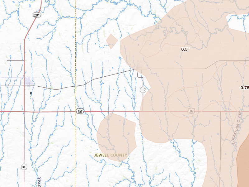 Radar-estimated hail-size map of the storm over Esbon, KS on Jul 3, 2026