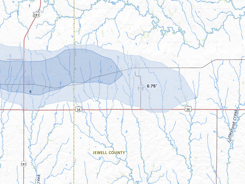 NEXRAD radar-signature map of the hail storm over Esbon, KS on Jul 30, 2026
