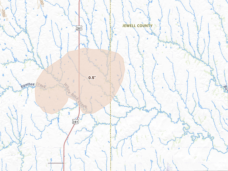 Radar-estimated hail-size map of the storm over Esbon, KS on Aug 21, 2026