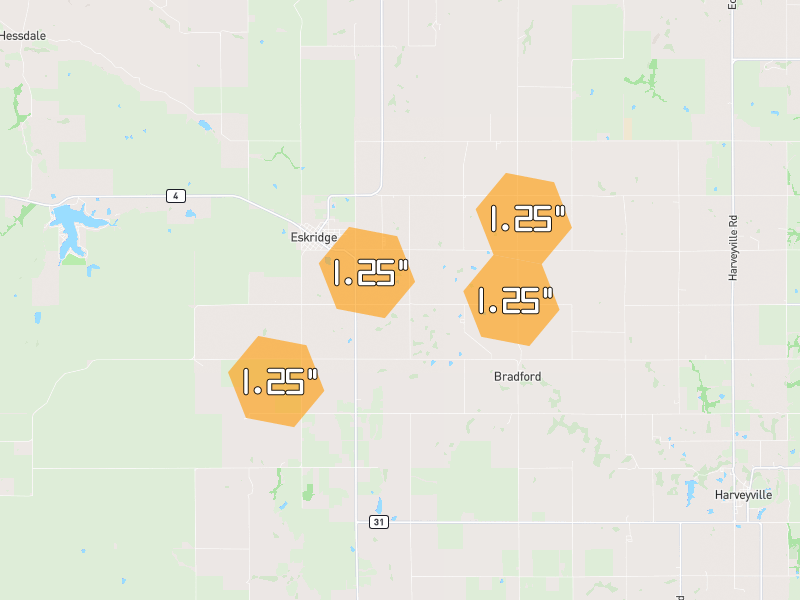 Hail map of Eskridge, KS on Jun 9, 2026, hail up to 1.25"