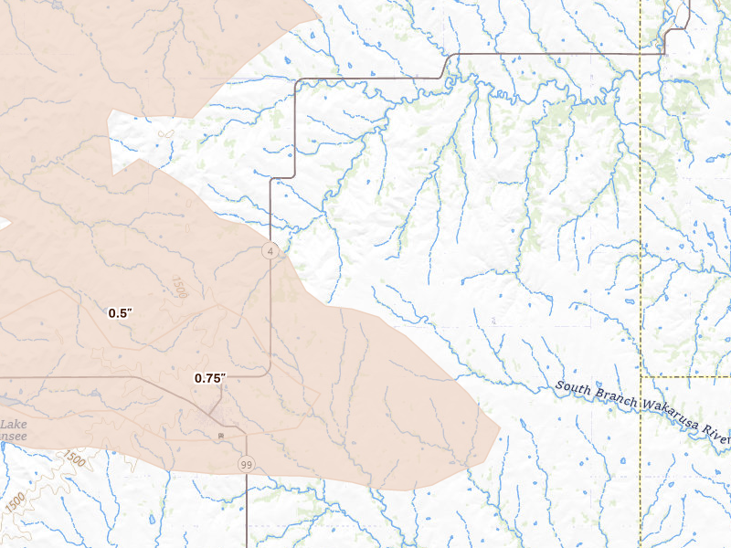 Radar-estimated hail-size map of the storm over Eskridge, KS on Aug 5, 2026