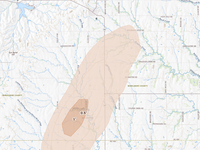 Radar-estimated hail-size map of the storm over Eskridge, KS