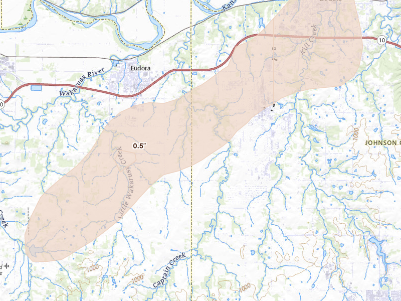 Radar-estimated hail-size map of the storm over Eudora, KS on Mar 10, 2026