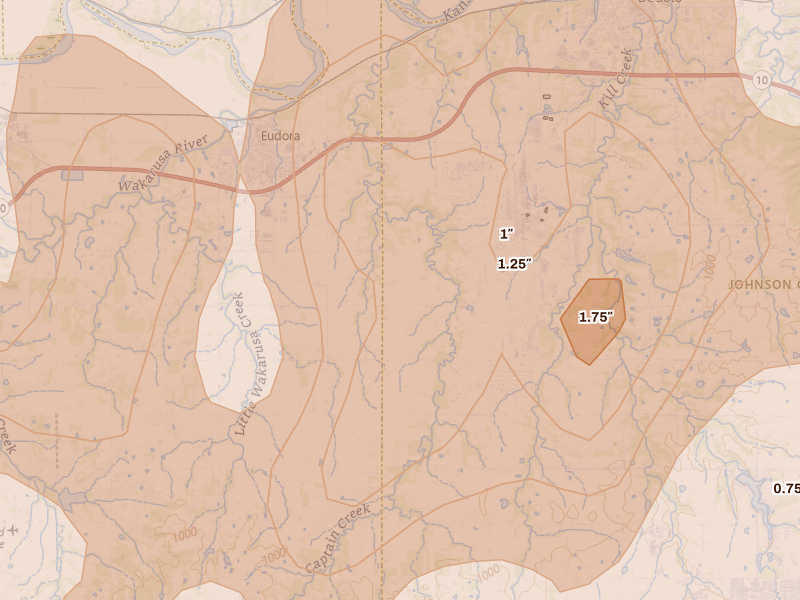 Radar-estimated hail-size map of the storm over Eudora, KS on Apr 26, 2026
