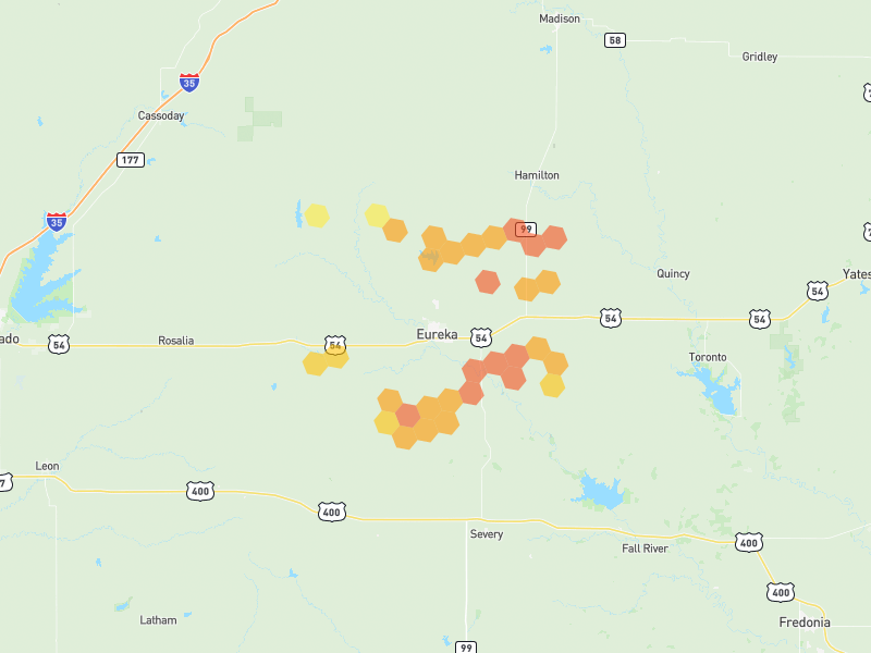 Hail map of Eureka, KS on Jun 1, 2026, hail up to 1.75"