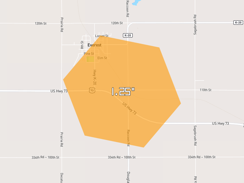 Hail map of Everest, KS on Jun 4, 2026, hail up to 1.25"