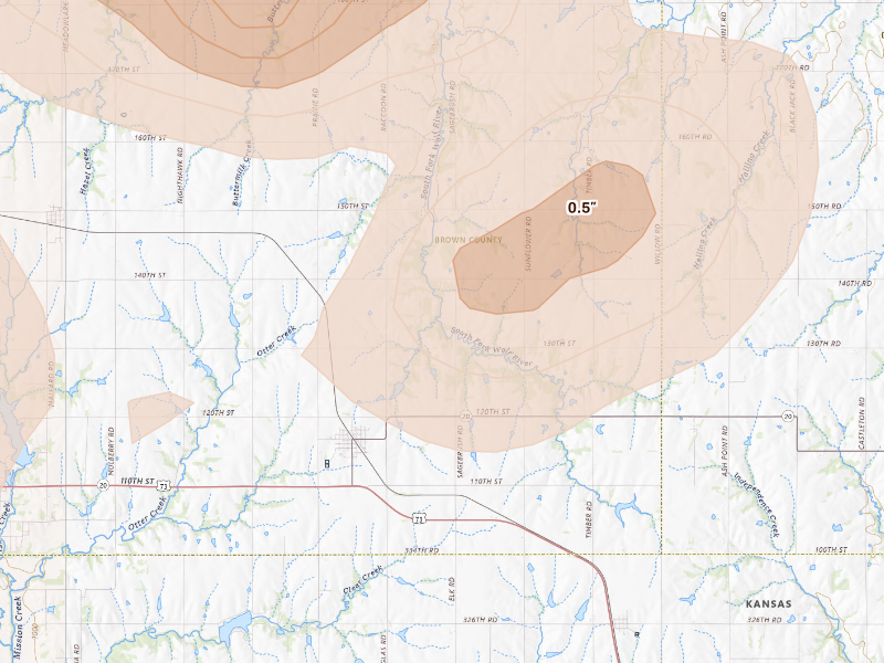 Radar-estimated hail-size map of the storm over Everest, KS on Sep 19, 2026