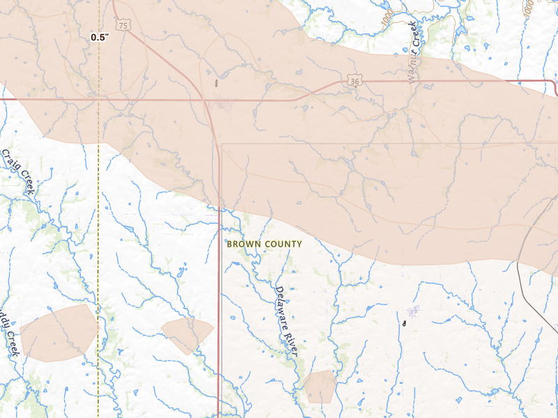 Radar-estimated hail-size map of the storm over Fairview, KS on Jun 20, 2026