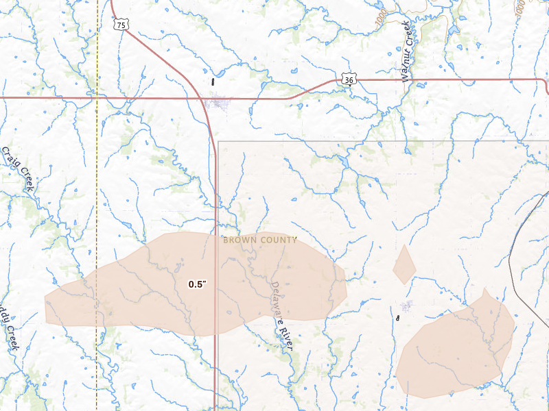 Radar-estimated hail-size map of the storm over Fairview, KS on Aug 15, 2026