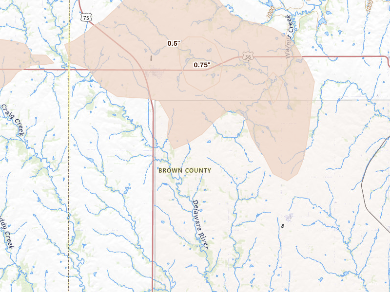 Radar-estimated hail-size map of the storm over Fairview, KS on Aug 19, 2026