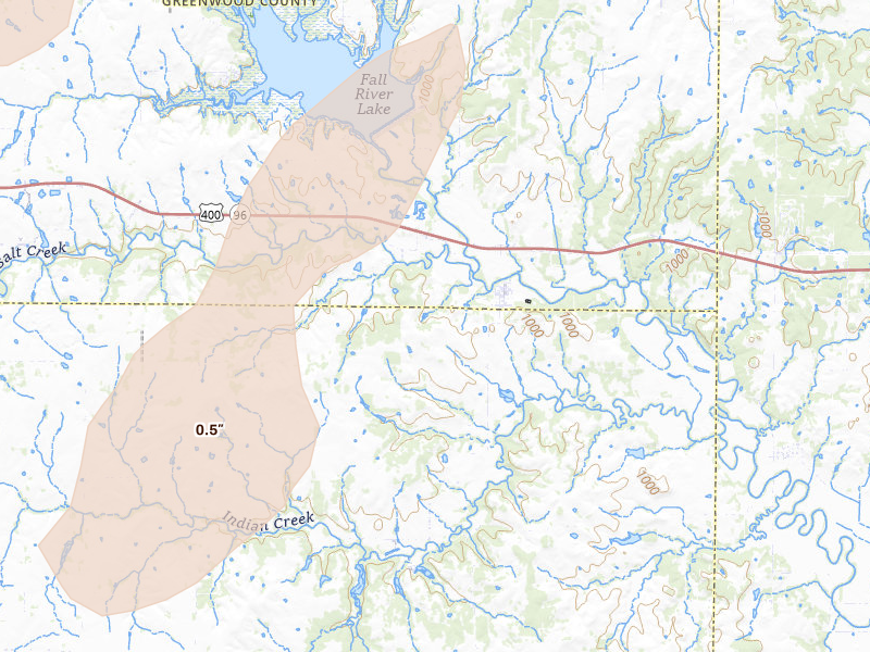Radar-estimated hail-size map of the storm over Fall River, KS on Mar 31, 2026
