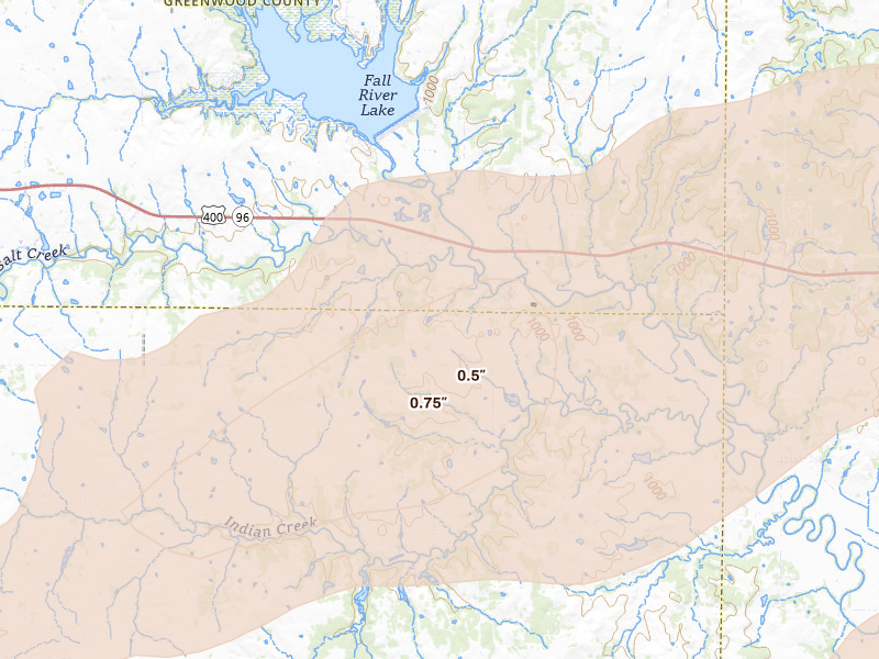 Radar-estimated hail-size map of the storm over Fall River, KS on Apr 17, 2026