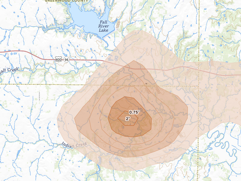 Radar-estimated hail-size map of the storm over Fall River, KS on May 30, 2026
