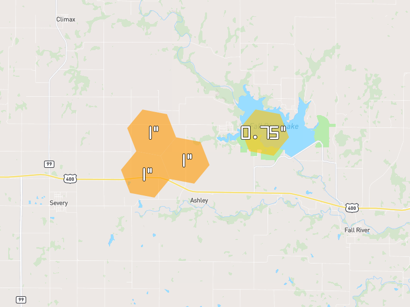 Hail map of Fall River, KS on Jun 1, 2026, hail up to 1"