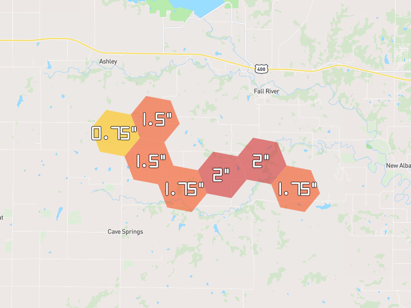 Hail map of Fall River, KS on Jun 26, 2026, hail up to 2"