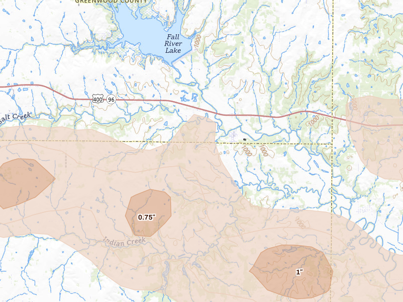 Radar-estimated hail-size map of the storm over Fall River, KS on Jul 10, 2026