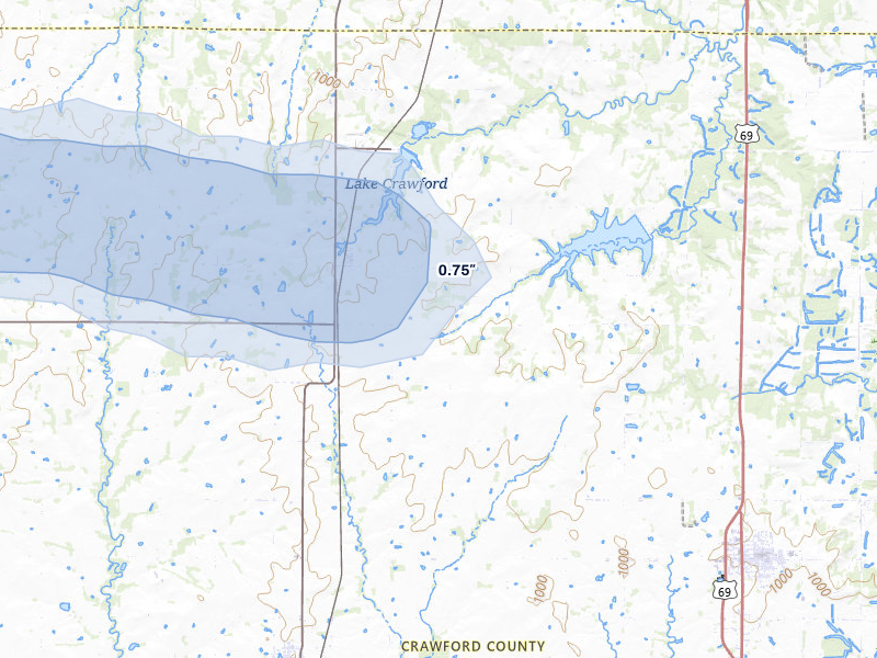 NEXRAD radar-signature map of the hail storm over Farlington, KS on May 8, 2026