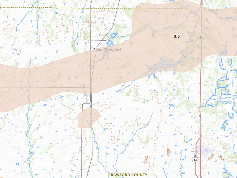 Radar-estimated hail-size map of the storm over Farlington, KS on Jul 10, 2026