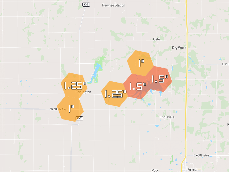 Hail map of Farlington, KS on Jul 11, 2026, hail up to 1.5"