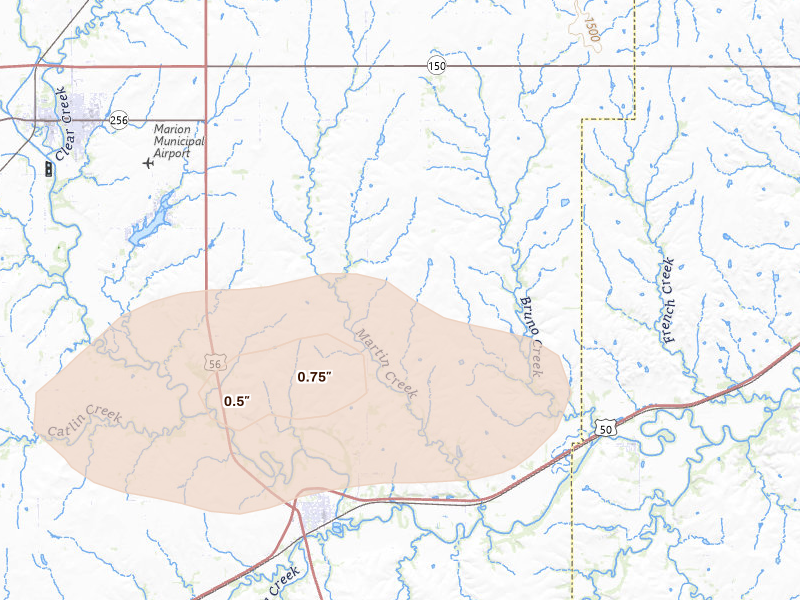 Radar-estimated hail-size map of the storm over Florence, KS on Mar 1, 2026