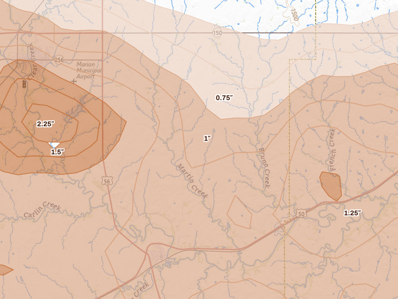 Radar-estimated hail-size map of the storm over Florence, KS on Apr 23, 2026