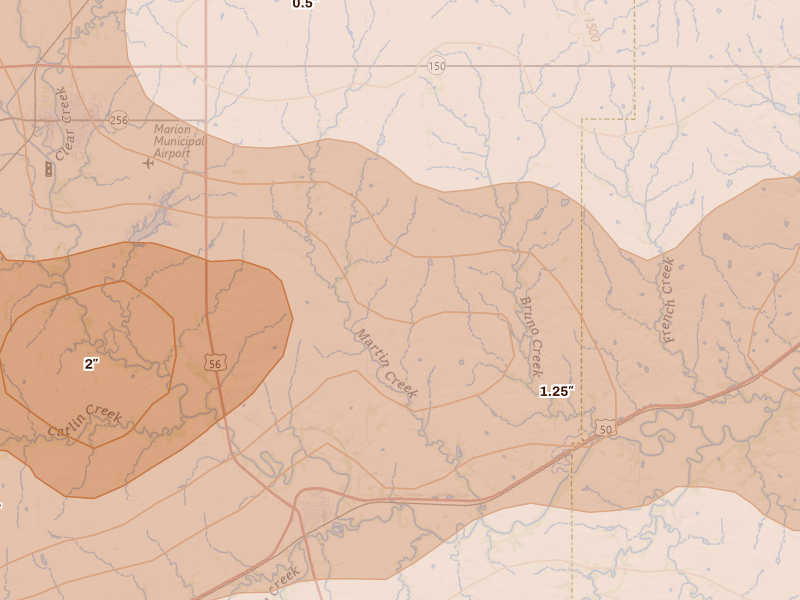 Radar-estimated hail-size map of the storm over Florence, KS on Apr 26, 2026