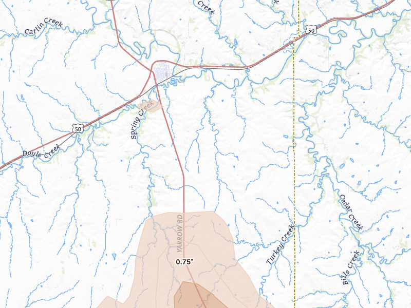 Radar-estimated hail-size map of the storm over Florence, KS on Aug 7, 2026